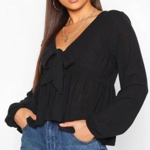 Boohoo Black Tie Front Smock Babyboll Top